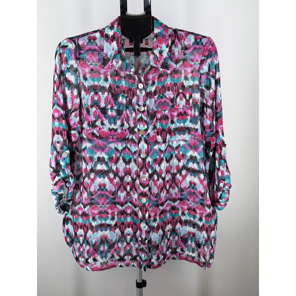 Ruby Rd Petite Abstract Ikat Button Front Roll Tab Sleeve Blouse Pink Teal L